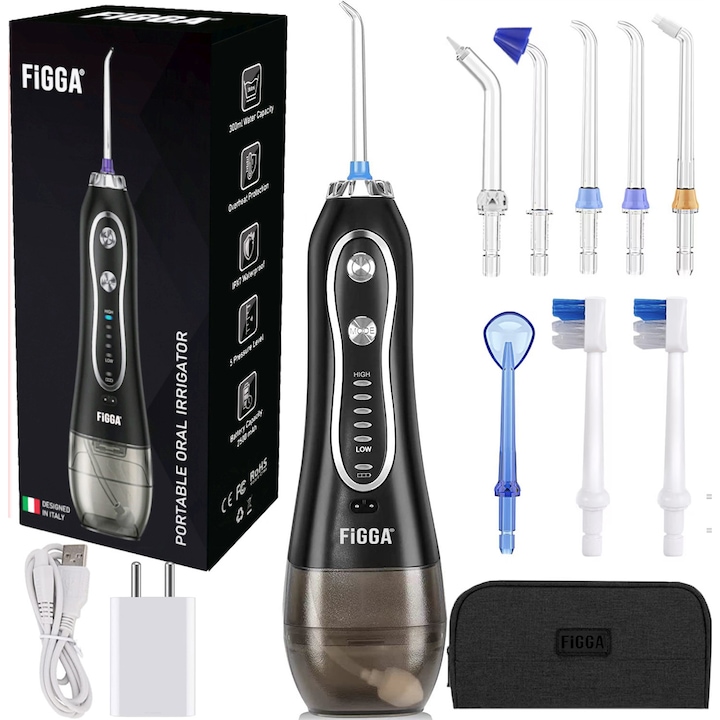 Dus bucal FiGGA® Oral-F101, Irigator portabil profesional, 8 Capete, Baterie 2500 mAh, 5 Viteze, 300 ml Rezervor, IPX7 Waterproof, Protectie supraincalzire, Gentuta depozitare, Negru