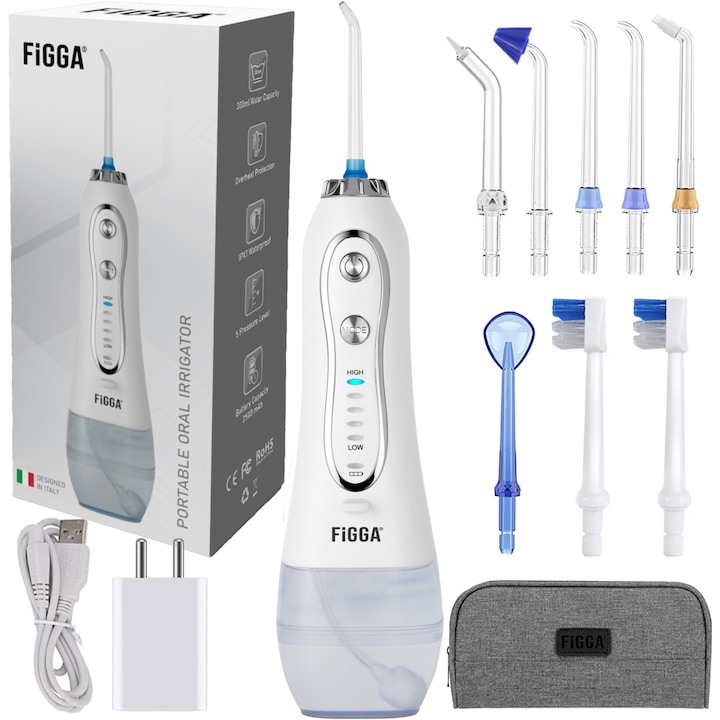 Dus bucal FiGGA® Oral-F101, Irigator portabil profesional, 8 Capete, Baterie 2500 mAh, 5 Viteze, 300 ml Rezervor, IPX7 Waterproof, Protectie supraincalzire, Gentuta depozitare, Alb