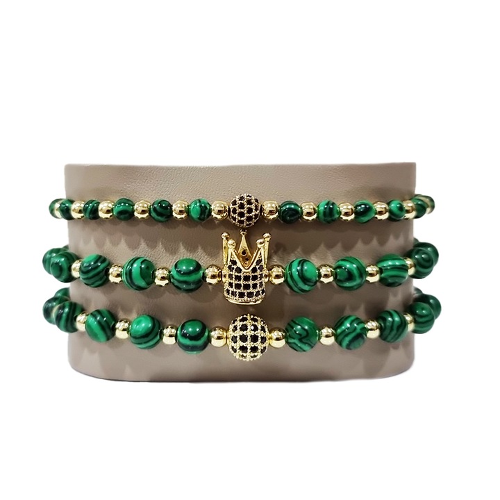 3 db Mesmera karkötő készlet rozsdamentes acélból, cirkonból és malachitból, Unisex, arany, 16-22 cm