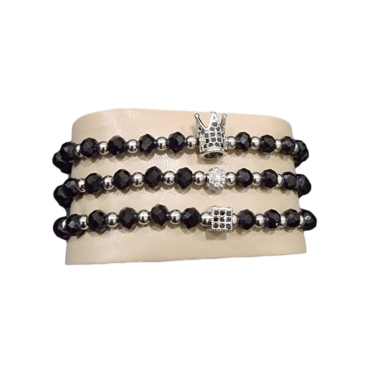 Set 3 bratari Royal din otel inoxidabil, onix si zirconiu, Unisex, argintiu, 16-22 cm