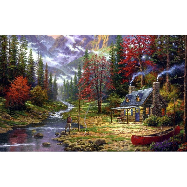 Tablou Canvas, Cabana ideala 2, Peisaj, Toamna, Munte, Copaci, Casuta 60 x 40 cm, Multicolor