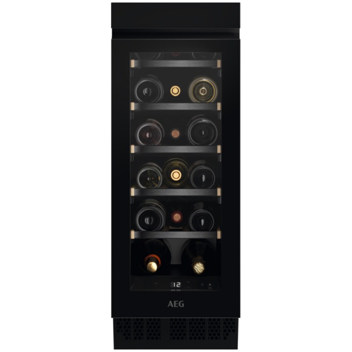 Racitor de vinuri incorporabil AEG AWUS018B7B, 18 sticle, 56 l, Control electronic, Indicator temperatura , Usa reversibila, Clasa G, H 82 cm, Negru