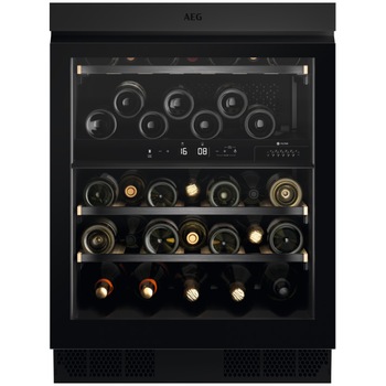 Racitor de vinuri incorporabil AEG AWUD040B8B, 40 sticle, 122 l, Control electronic, Zona dubla de control, Motor Inverter, Indicator temperatura, Usa reversibila, Clasa G, H 82 cm, Negru