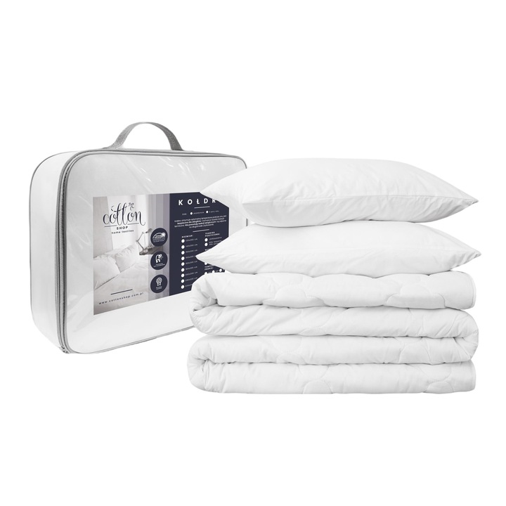 Set pilota/2 perne, Cotton Shop, Poliester/Fibre siliconice, 140x200/70x80, Alb