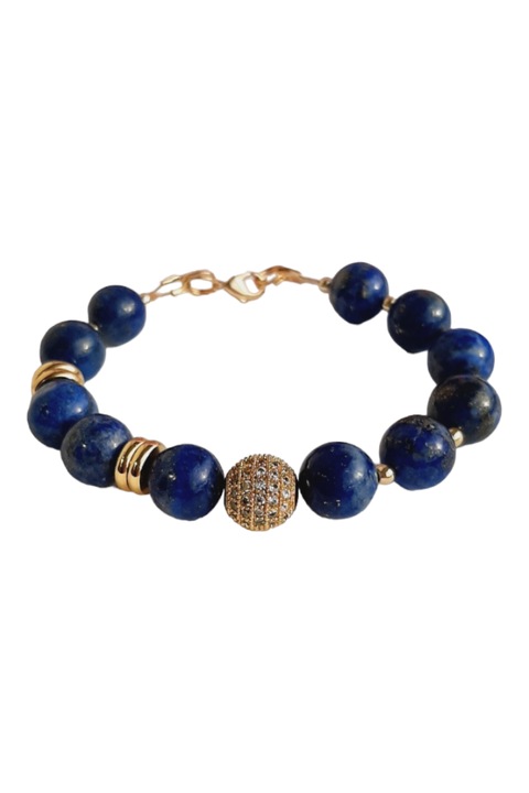 Bratara intuitiei lucrata cu Lapis Lazuli de calitate superioara, piatra Regalitatii de 10mm si accesorii placate aur 14K, 19cm