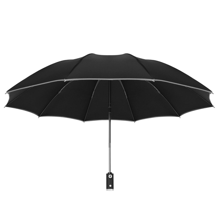 Automatikus esernyő LED-es zseblámpával, fordított záródással, fényvisszaverő csíkkal, fekete színben