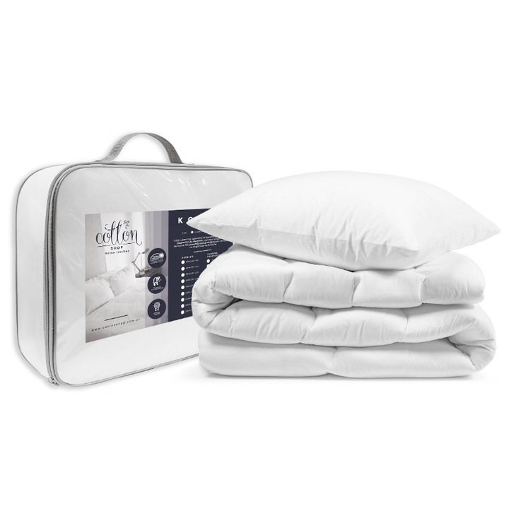 Set pilota/perna, Cotton Shop, Fibre de silicon, 4 anotimpuri, 135x200 cm/50x60 cm, Alb