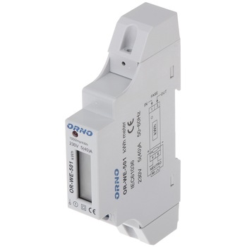 Contor monofazic ORNO OR-WE-501, 40A, frecventa impuls 1000 imp/kWh, 230V, IP20, alb Contor monofazic ORNO OR-WE-501, 40A, frecventa impuls 1000 imp/kWh, 230V, IP20, alb
