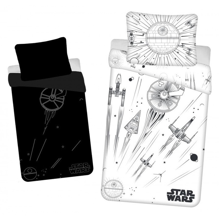 Set 2xpiese lenjerie de pat, JerryFabrics, Star Wars, Fosforescent, 140x200cm, 70x90cm, Gri