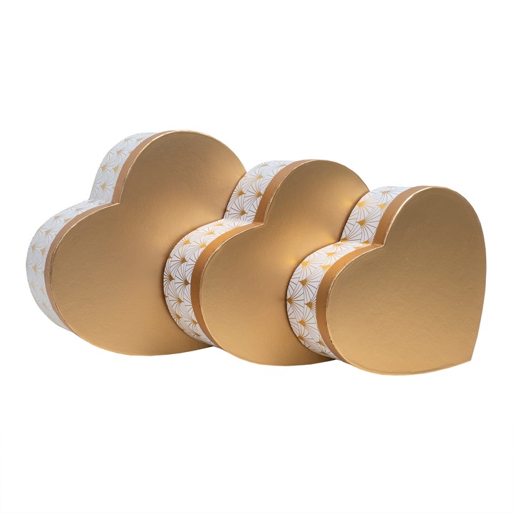 Комплект от 3 кутии във формата на сърце, бели със златен капак, BSP / CD4927_1