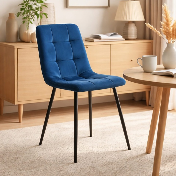 Scaun bucatarie/living, Artool, Kara, catifea bleumarin, picioare metal negru, 44.5x50.5x87 cm