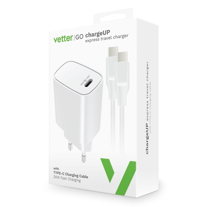 Set Incarcator Vetter Fast Charge 20W si Cablu de Date Fast Charge, Type-C La Type-C