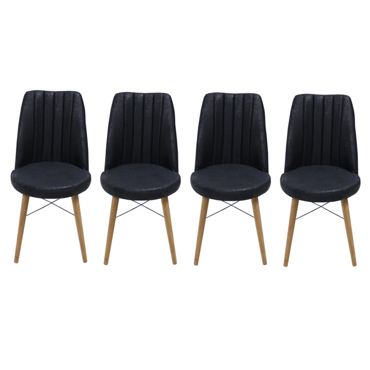 Set 4 scaune Apollo, cadru din metal, picioare de lemn, tapiterie din material textil, negru, 90x46 cm