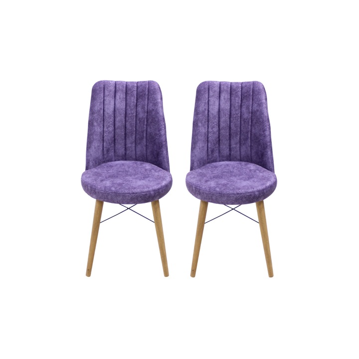 Set 2 scaune Apollo, cadru din metal, picioare de lemn, tapiterie din material textil, mov, 90x46 cm