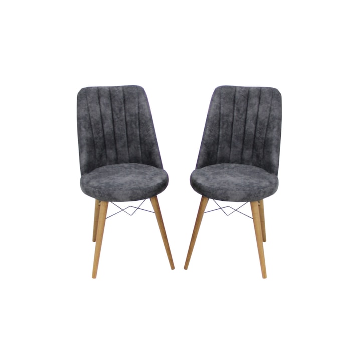 Set 2 scaune Apollo, cadru din metal, picioare de lemn, tapiterie din material textil, gri inchis, 90x46 cm