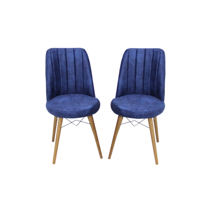 Set 2 scaune Apollo, cadru din metal, picioare de lemn, tapiterie din material textil, albastru, 90x46 cm