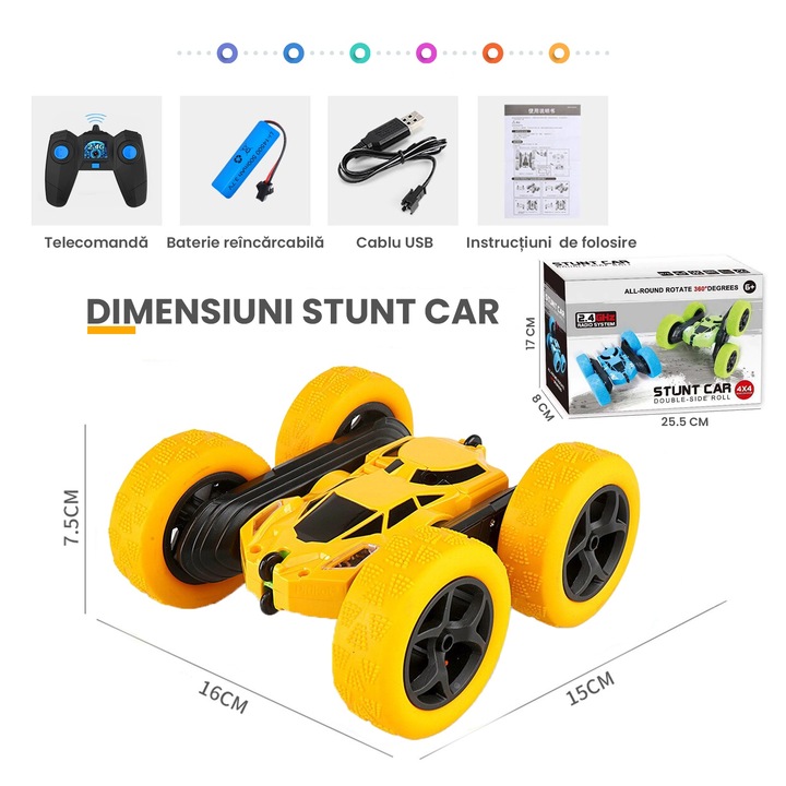 Masina cu telecomanda RC pentru copii Pitikot®, cascadorie, drift cu rotire la 360 grade si rasturnari de 180 grade, rapida, 4WD, Rock Crawler, off-road, controlate prin radio, Galben, Pitikot®