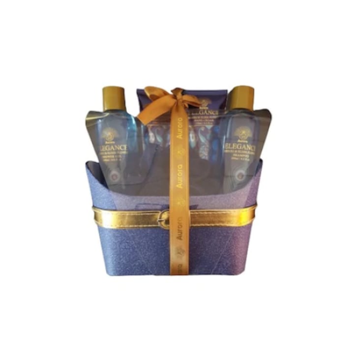 Set cadou pentru baie, Aurora Elegance, 5 produse, gel dus, scrub, crema maini, sampon si burete baie