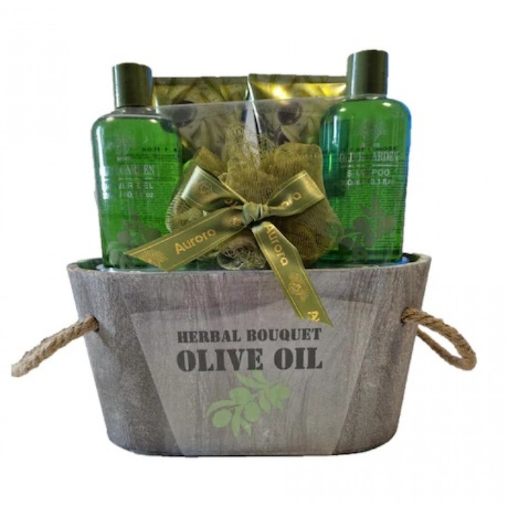 Set cadou pentru baie, Aurora Olive Garden, 5 produse, gel dus, sampon, lotiune corp, exfoliant corp, burete