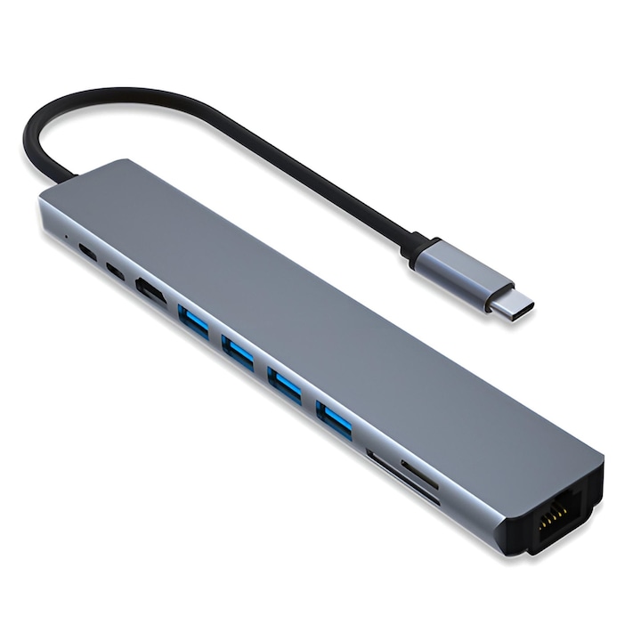 Hub USB 10 in 1 tip C Amurana, HDMI 4K HD/30Hz, USB 3.0, USB2.0*3, PD 100W, TYPE-C, SD/TF, port de retea RJ45 100mbps, 5 GBPS, Adaptor multi porturi, Plug&play, Elimina caldura, Antiamprenta, Aluminiu, Gri argintiu