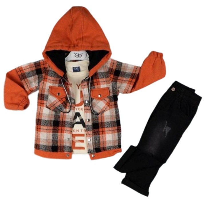 Compleu 3 piese Runner, geaca portocalie cu gluga, bluza crem si blugi negri subtiri