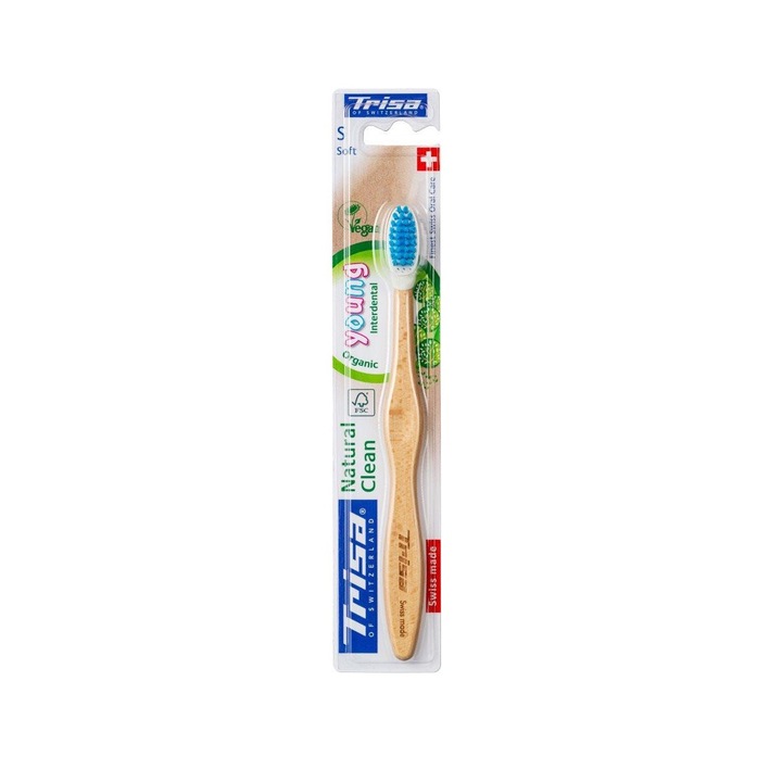 Periuta de dinti manuala Trisa Natural Clean Young Soft, pentru copii 6 ani+, vegana, non-toxica, antibacteriana, hipoalergica 684473 Lemn / Nude