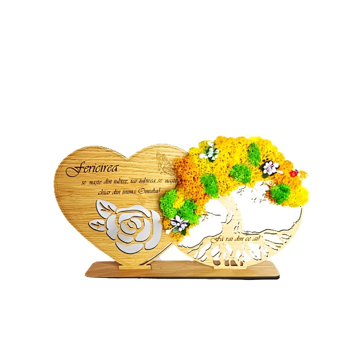 Decoratiune Copacul Vietii cu suport si Inima personalizata cu mesajul ''Fericirea se naste din iubire, iar iubirea se naste chiar din inima Omului!'', Maro, dimensiune 30x16cm