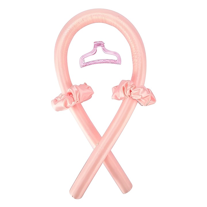 Set Ondulator fara caldura pentru par cu 2 Elastice matase si 1 Clame, culoare roz