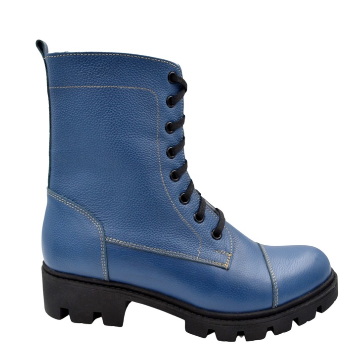 Bocanci dama cu siret si fermoar din piele naturala - Bleu 40