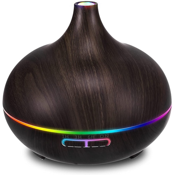 Difuzor aromaterapie cu uleiuri esentiale 500 ml Echo Soul®, pentru casa, yoga, birou, spa, dormitor, camera copilului, cu ultrasunete si arome, functie de umidificare a aerului, Ulei parfumat, lumina led si temporizare, Lemn Inchis Echo Soul®