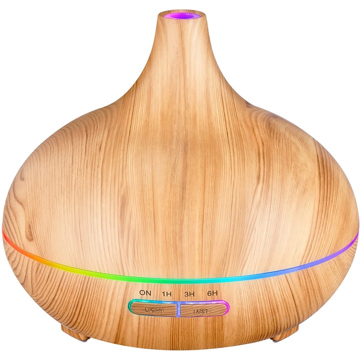 Difuzor aromaterapie cu uleiuri esentiale 500 ml Echo Soul®, pentru casa, yoga, birou, spa, dormitor, camera copilului, cu ultrasunete si arome, functie de umidificare a aerului, Ulei parfumat, lumina led si temporizare, Lemn Deschis Echo Soul®