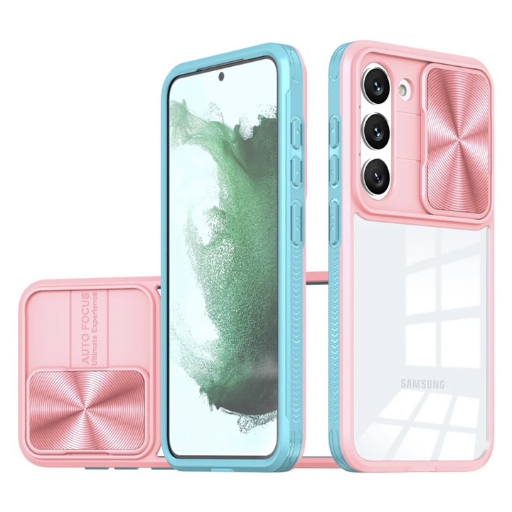 Husa Premium transparenta cu protectie glisanta metalica, compatibila cu Samsung Galaxy S23 Plus / Roz multicolor
