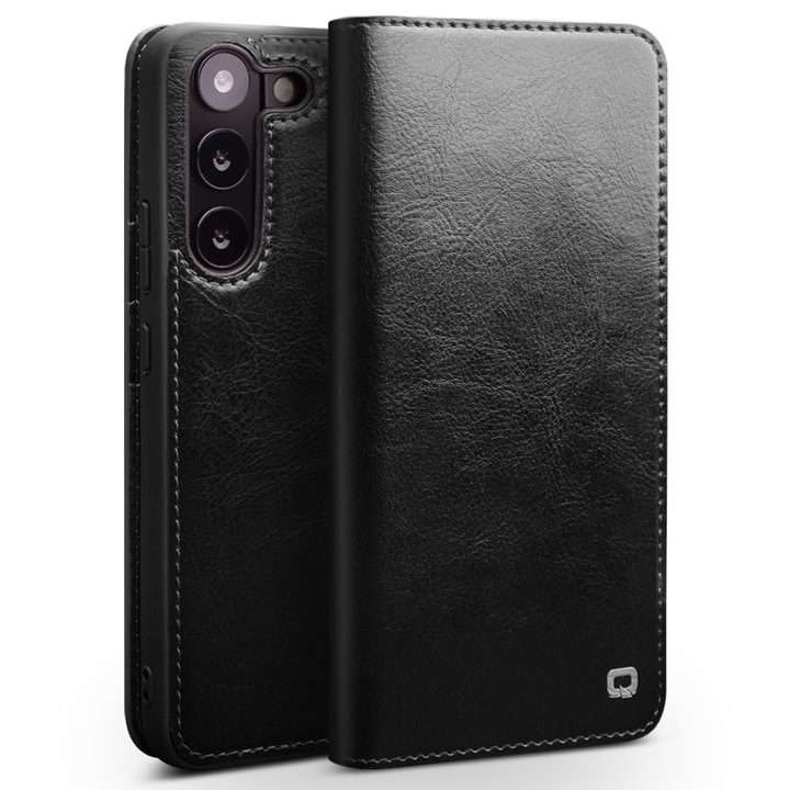 Кейс за Samsung Galaxy S23, Qialino Classic Wallet, слим от фина естествена кожа, тип книга, портфейл, с джобове за карти и пари, цвят Черен