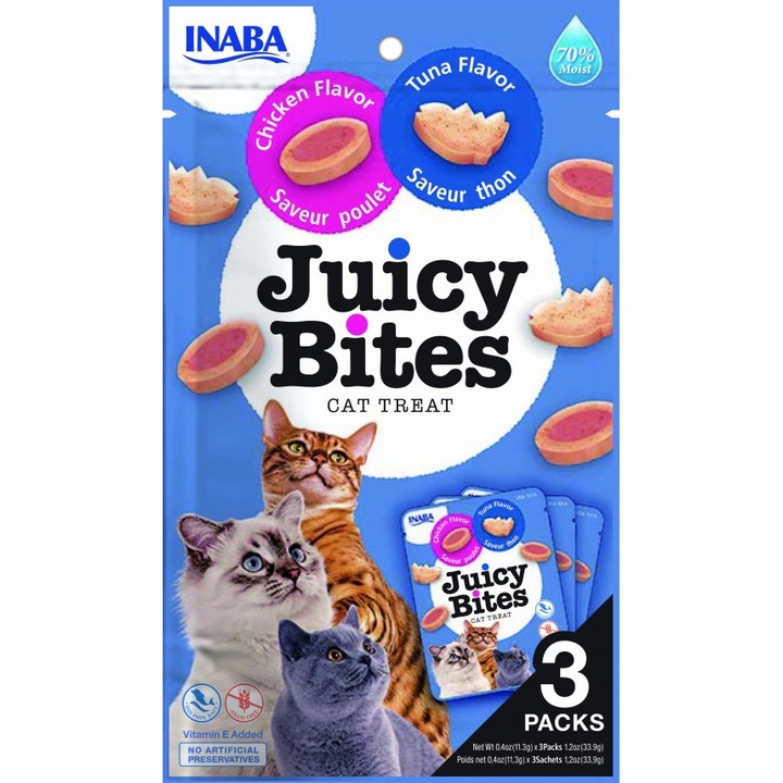 Recompense pentru pisici Inaba Ciao, Churu Juicy Bites, Aroma de Pui si Ton, 3 x 11.3g