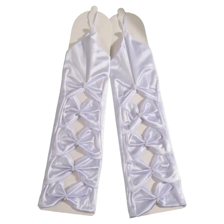 Manusi dama, StarFashion, elegante, lungi, pana la cot, mireasa/nasa, fara degete, cu fundite si perle, satin, alb, Onesize