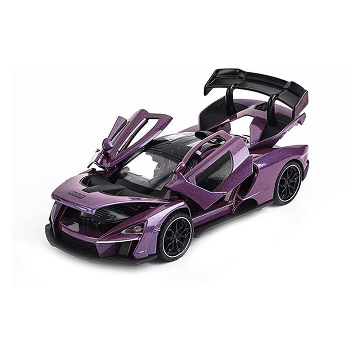 Masina metalica McLaren, zggzerg, cu lumini si sunete, usi mobile, capota mobila, portbagajul mobil, 1:32, 15 cm, Violet