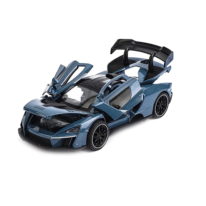 Masina metalica McLaren, zggzerg, cu lumini si sunete, usi mobile, capota mobila, portbagajul mobil, 1:32, 15 cm, Albastru