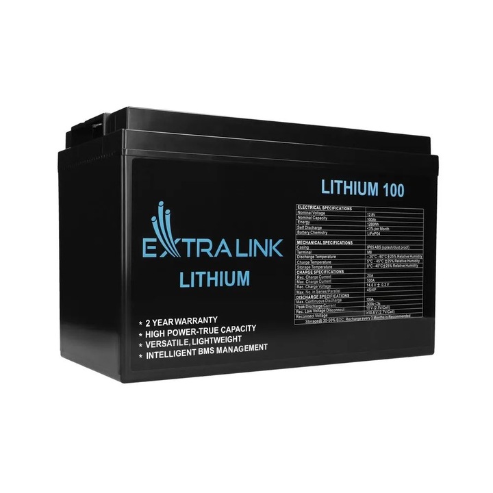 Autó akkumulátor LiFePO4, Extralink, 100 AH, 12,8 V, Fekete