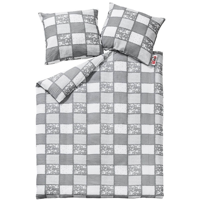 Set lenjerie de pat Karo, 140x200cm, gri cu alb, inchidere cu nasturi, 100% bumbac