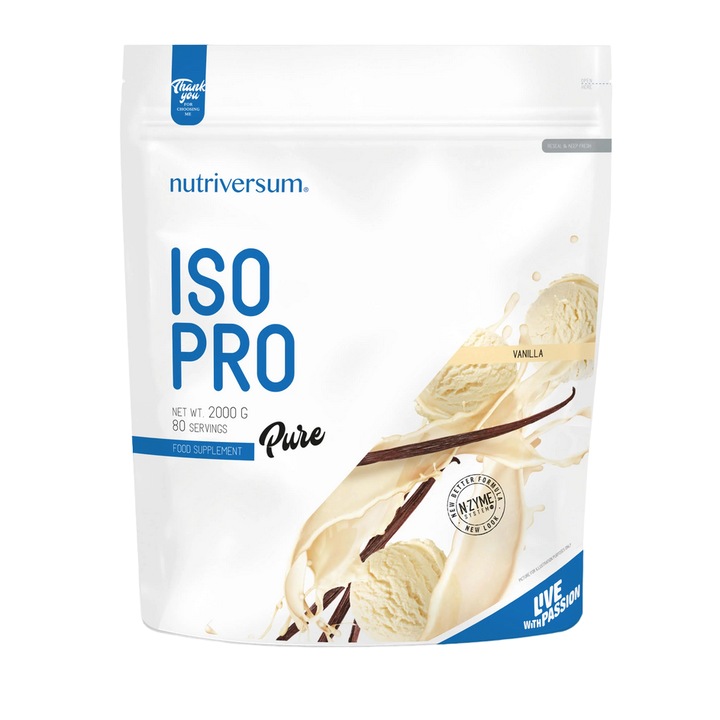 Proteine Iso Pro, Nutriversum, 86% continut de proteine, aroma de vanilie, 2000 g