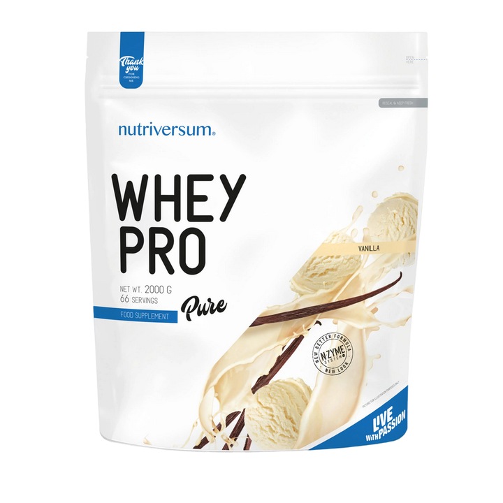 Proteine Whey Pro, Nutriversum, 77% concentratie de zer cu adaos de enzime digestive, aroma de vanilie, 2000 g
