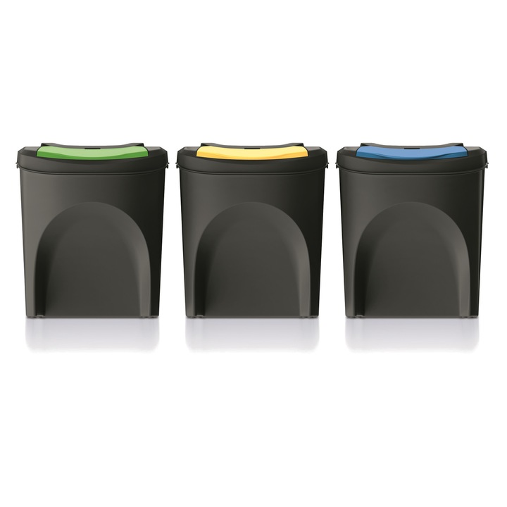 3 kosár készlet szelektív gyűjtéshez Prosperplast, Sortibox, 39x29x33,5 cm, 25 L, fekete