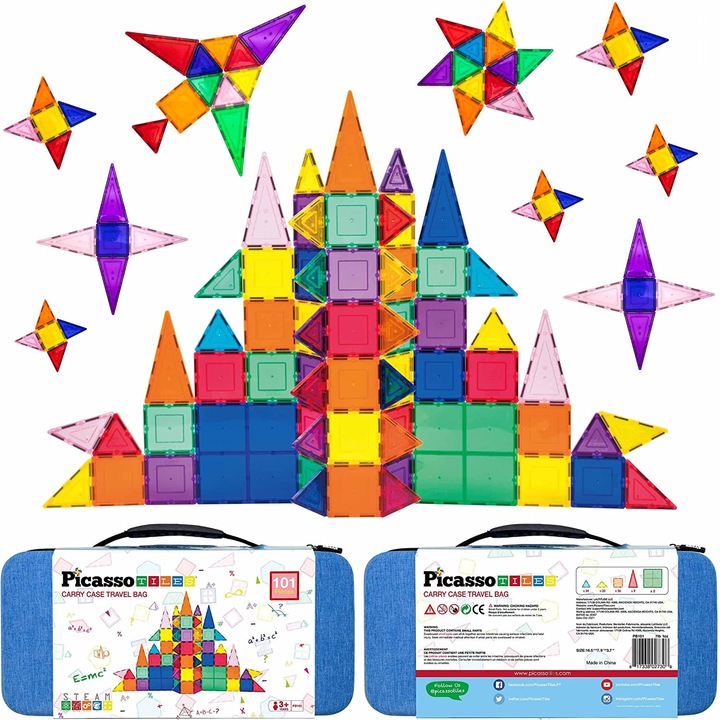Set constructie 101 piese magnetice, PicassoTiles, cu geanta de transport, 3+ ani