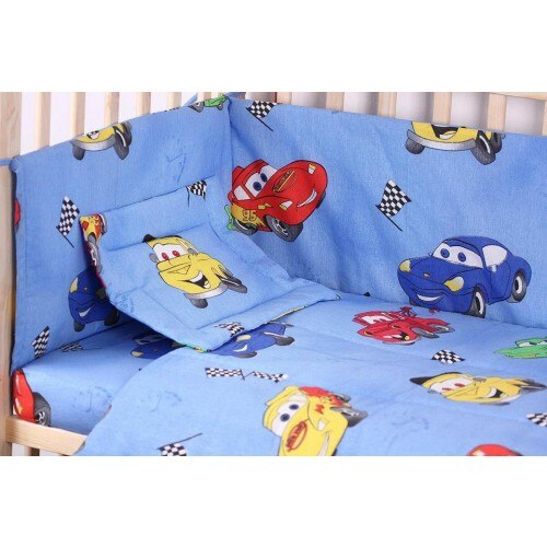 Lenjerie patut bumbac masinute albastre, 5 piese, 140x70cm