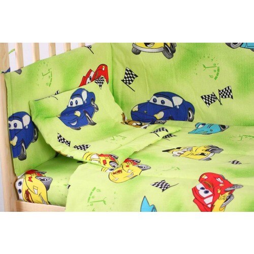 Lenjerie patut bumbac masinute verde, 5piese, 140x70cm