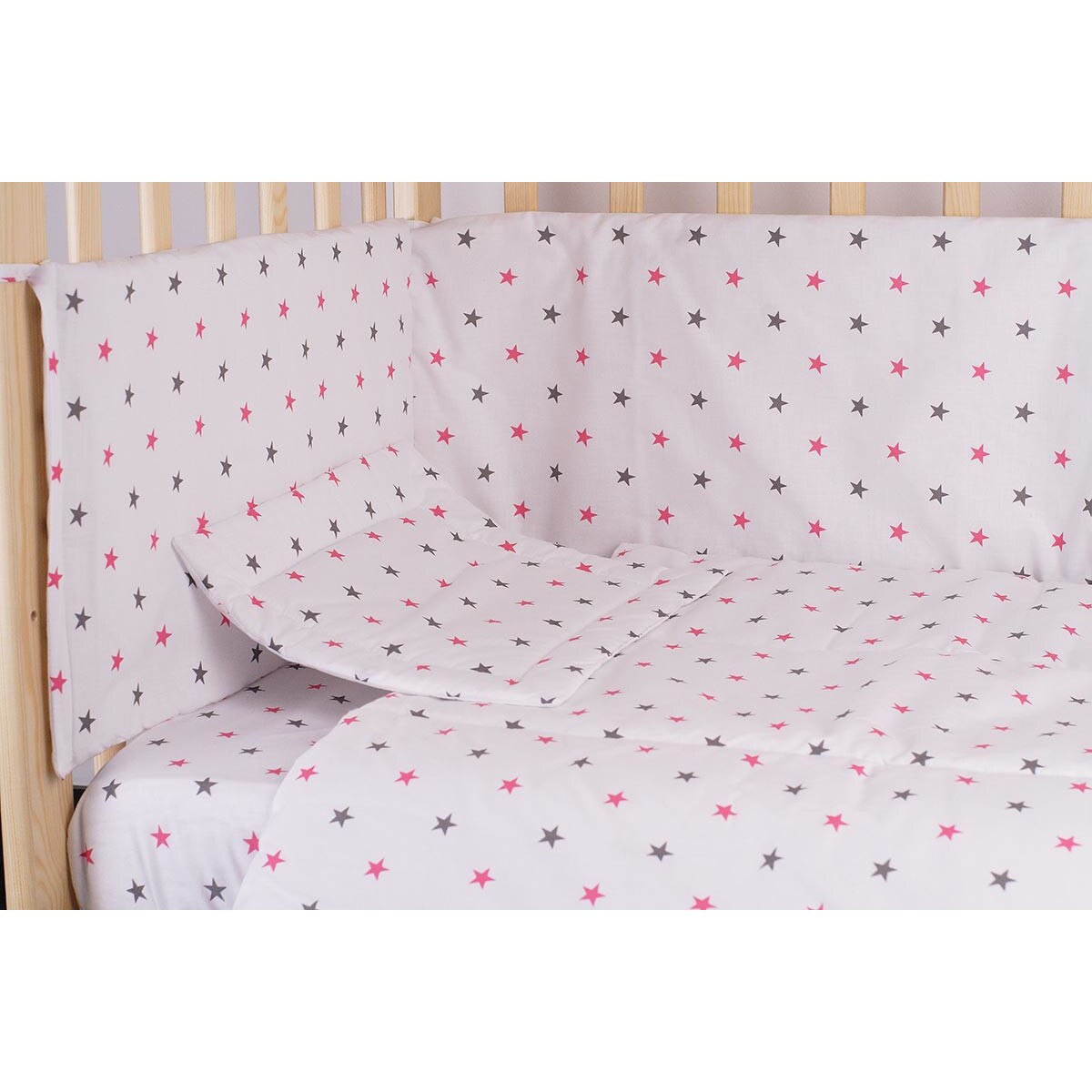 Lenjerie alba, stelute roz cu gri,5 piese, 140x70 cm