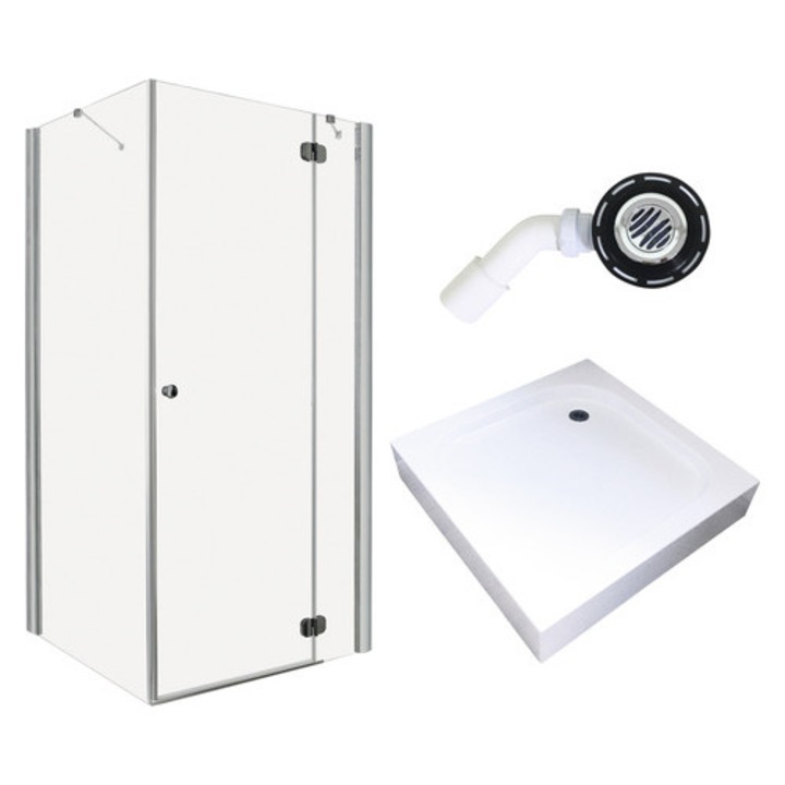 Set cabina de dus patrata Radaway Torrenta KDJ 90R cu cadita de dus si sifon 90x90 cm, sticla transparenta, profil crom