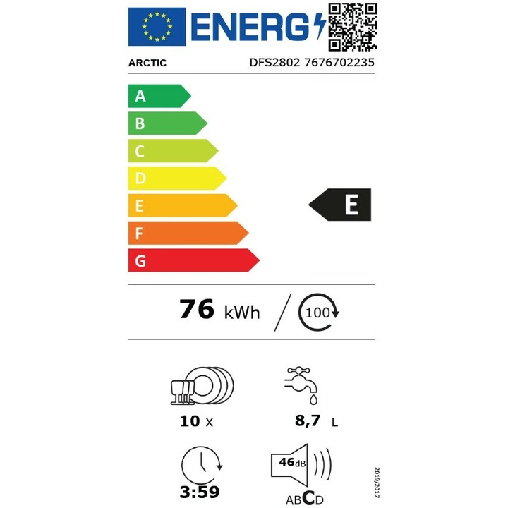 Masina de spalat vase Arctic DFS2802, 10 seturi, 8 programe, Tablet, AquaPower, Silent Inverter Motor, Clasa E, 60 cm, Alb