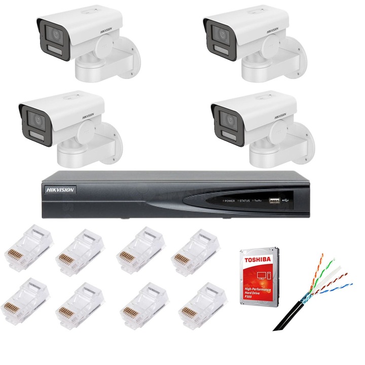 IP felügyeleti rendszer 4 bullet kamerával, komplett, 2MP, 2.8-12mm objektív, IR 50m, PoE, NVR 4 IP csatornával, Ultra HD 4K felbontás, tartozékok