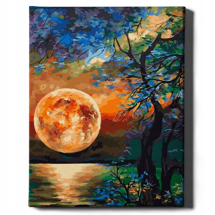Pictura pe numere 40x50cm - Set complet cu panza numerotata, Tablou cu Rama pentru adulti Peisaj “Luna plina” DIY pentru Adulti si Copii - Oh Art!®